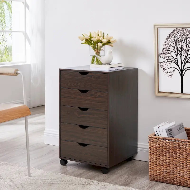 Commode à 5 tiroirs, commode de rangement en bois avec roulettes, organisateur de rangement pour travaux manuels et unité de rangement de bureau avec tiroirs