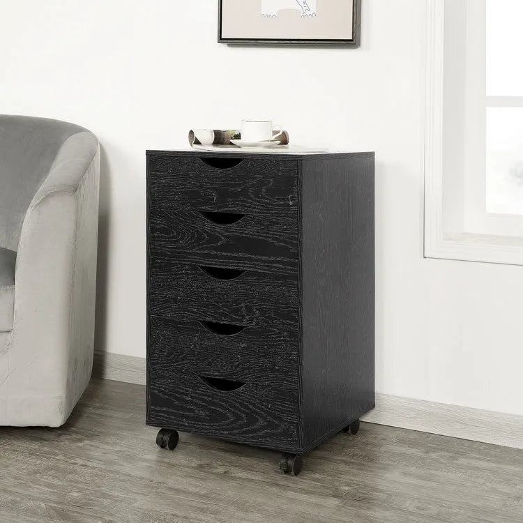 Commode à 5 tiroirs, commode de rangement en bois avec roulettes, organisateur de rangement pour travaux manuels et unité de rangement de bureau avec tiroirs