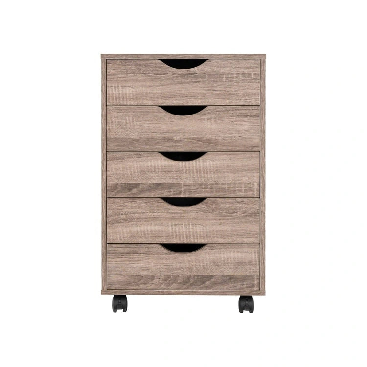 Commode à 5 tiroirs, commode de rangement en bois avec roulettes, organisateur de rangement pour travaux manuels et unité de rangement de bureau avec tiroirs