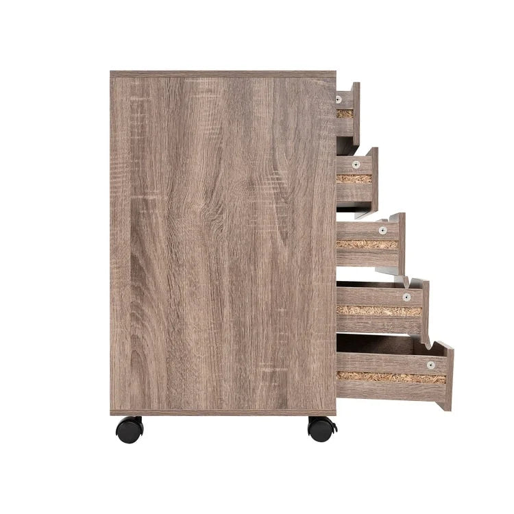 Commode à 5 tiroirs, commode de rangement en bois avec roulettes, organisateur de rangement pour travaux manuels et unité de rangement de bureau avec tiroirs