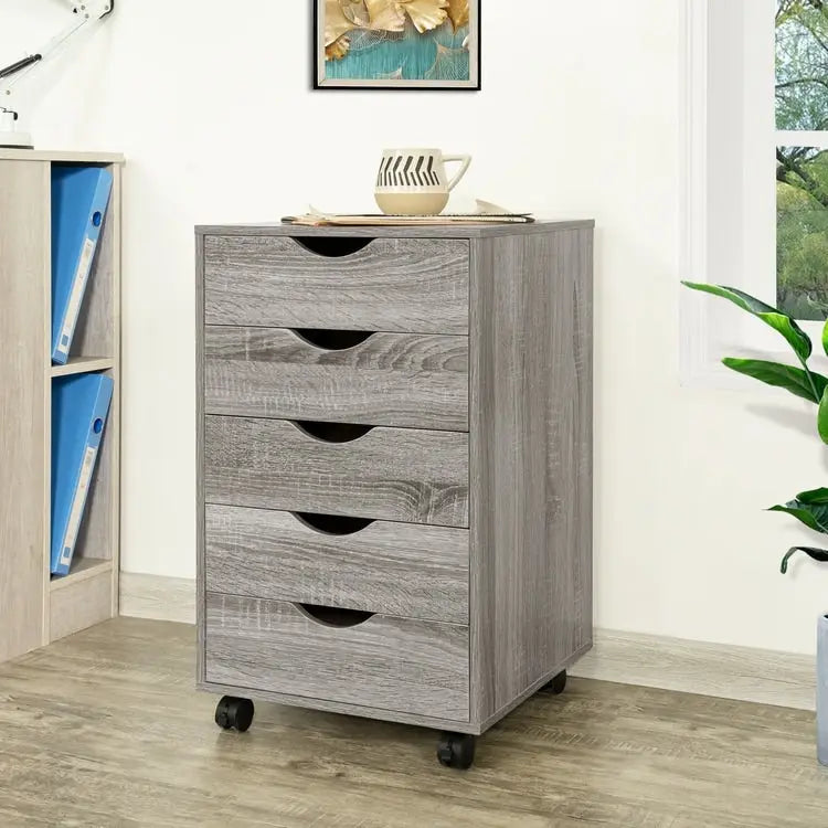 Commode à 5 tiroirs, commode de rangement en bois avec roulettes, organisateur de rangement pour travaux manuels et unité de rangement de bureau avec tiroirs
