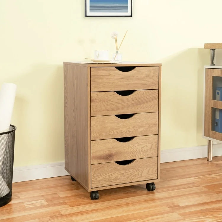 Commode à 5 tiroirs, commode de rangement en bois avec roulettes, organisateur de rangement pour travaux manuels et unité de rangement de bureau avec tiroirs