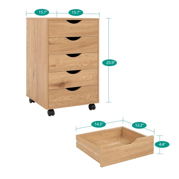 Commode à 5 tiroirs, commode de rangement en bois avec roulettes, organisateur de rangement pour travaux manuels et unité de rangement de bureau avec tiroirs