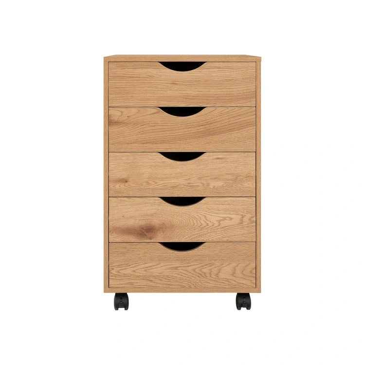Commode à 5 tiroirs, commode de rangement en bois avec roulettes, organisateur de rangement pour travaux manuels et unité de rangement de bureau avec tiroirs