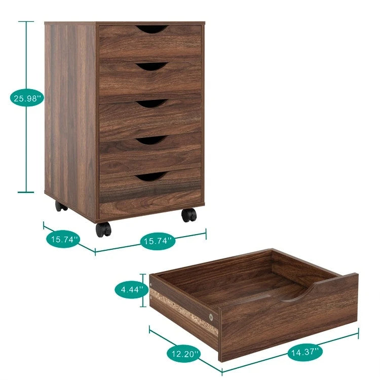 Commode à 5 tiroirs, commode de rangement en bois avec roulettes, organisateur de rangement pour travaux manuels et unité de rangement de bureau avec tiroirs