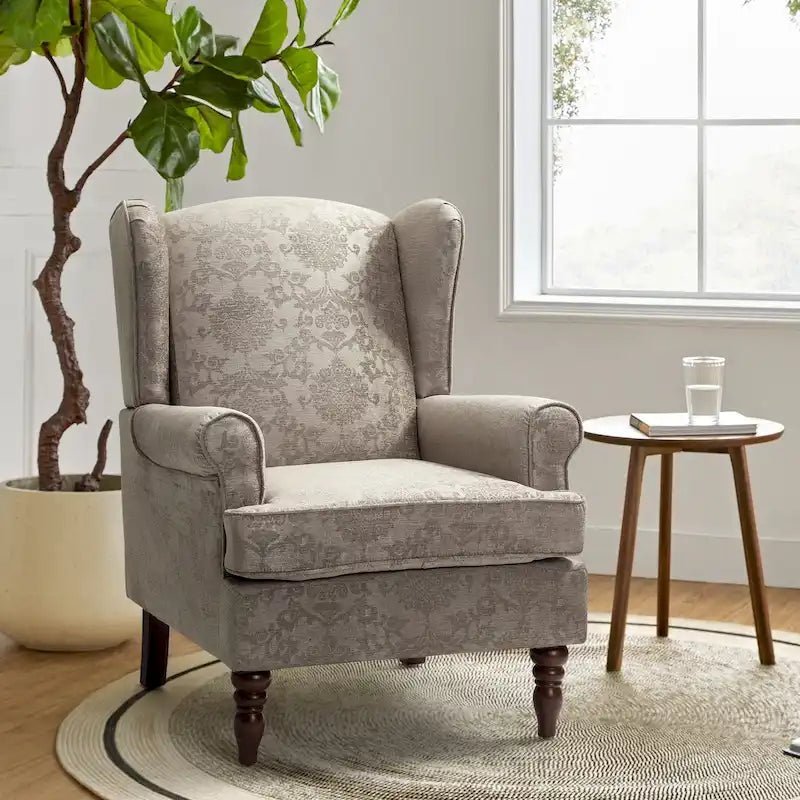 Fauteuil à oreilles traditionnel en tissu avec pieds tournés