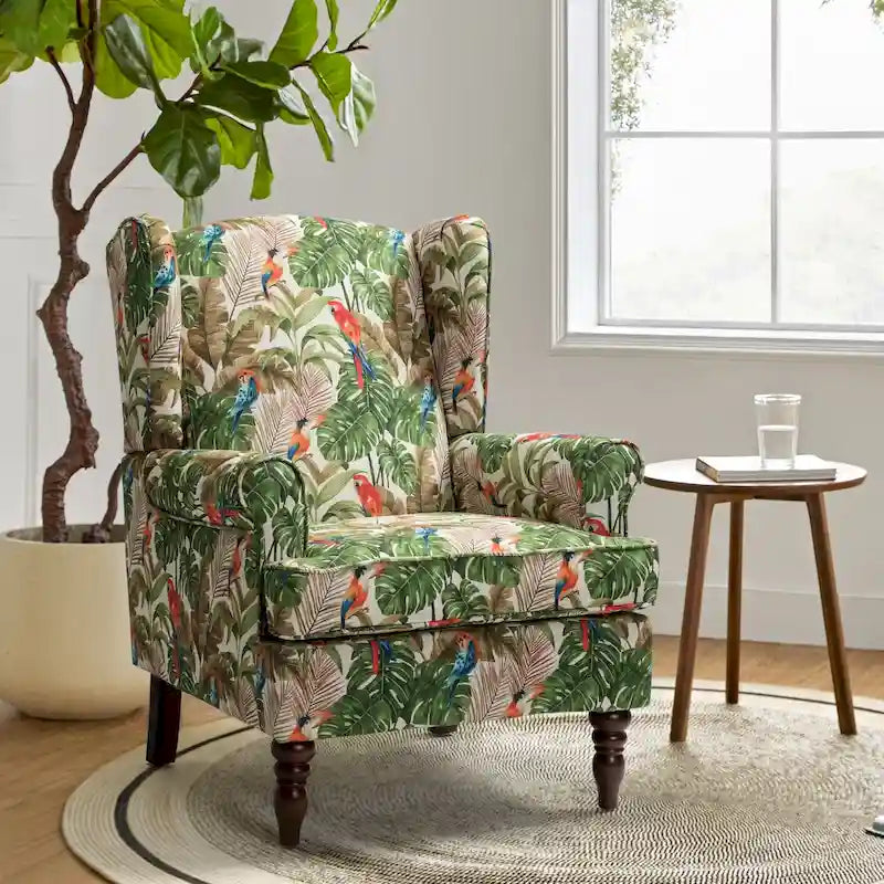 Fauteuil à oreilles traditionnel en tissu avec pieds tournés