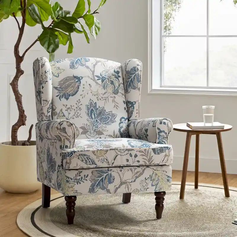 Fauteuil à oreilles traditionnel en tissu avec pieds tournés