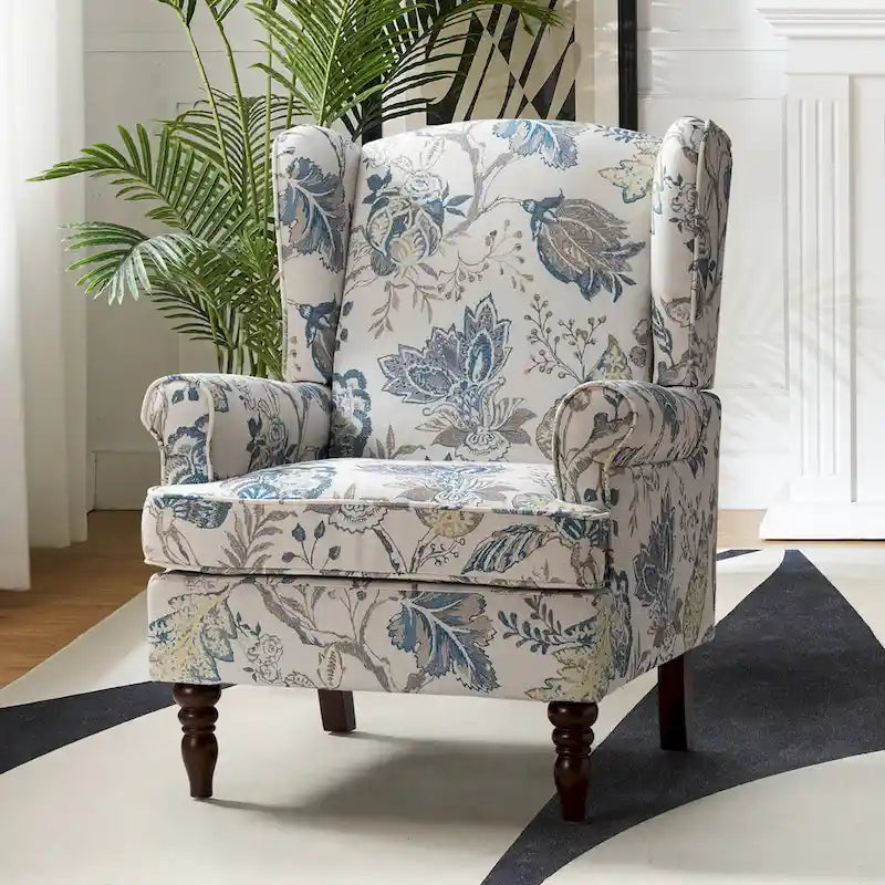 Fauteuil à oreilles traditionnel en tissu avec pieds tournés