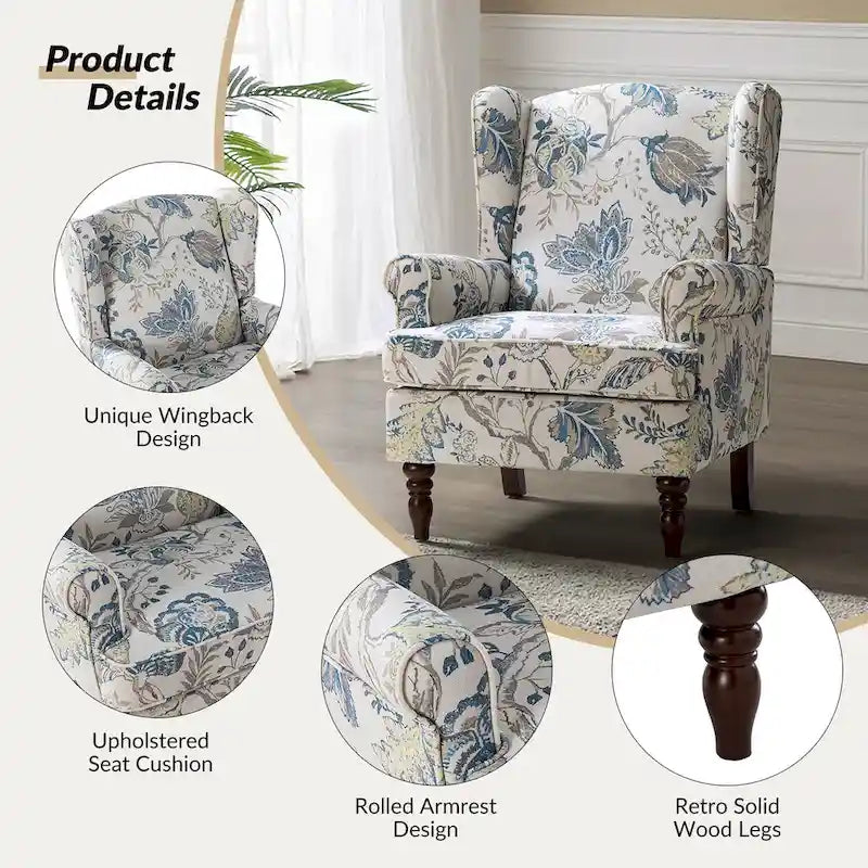 Fauteuil à oreilles traditionnel en tissu avec pieds tournés