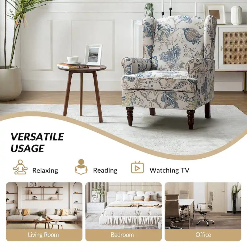 Fauteuil à oreilles traditionnel en tissu avec pieds tournés