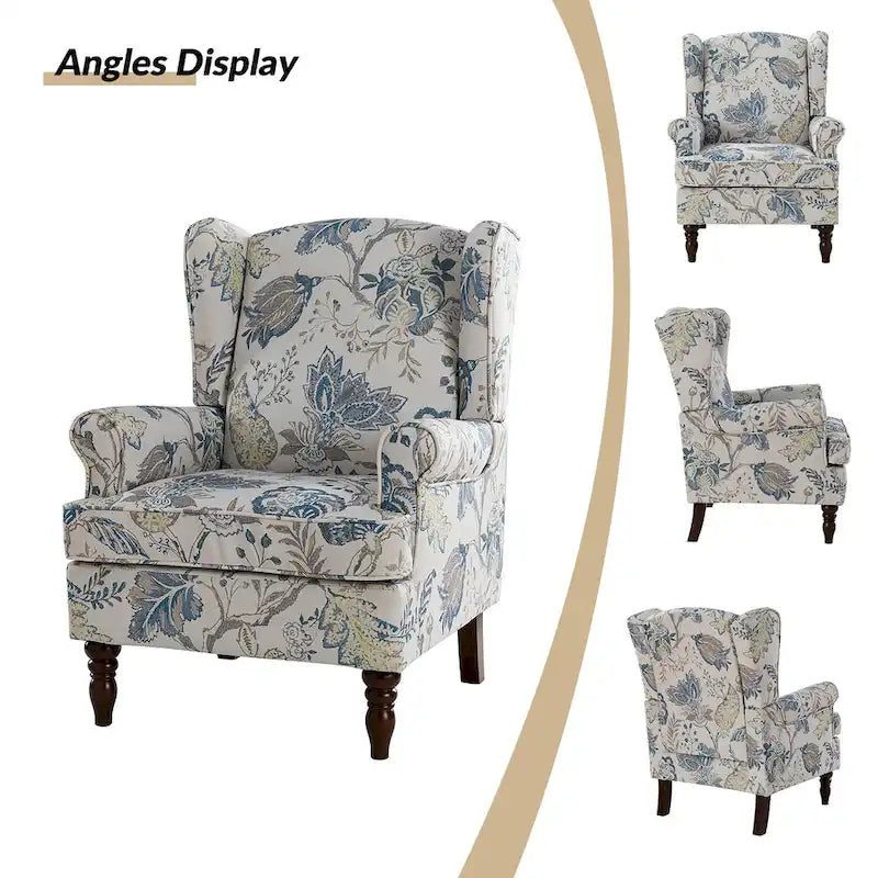 Fauteuil à oreilles traditionnel en tissu avec pieds tournés