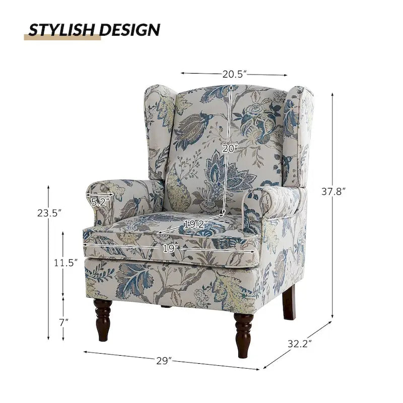 Fauteuil à oreilles traditionnel en tissu avec pieds tournés