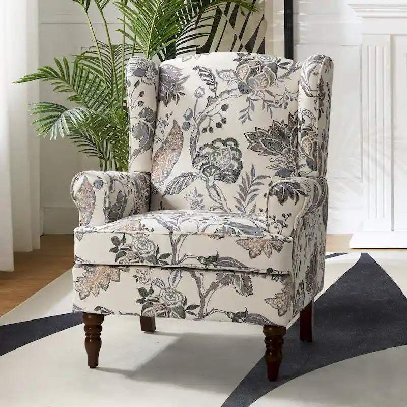 Fauteuil à oreilles traditionnel en tissu avec pieds tournés