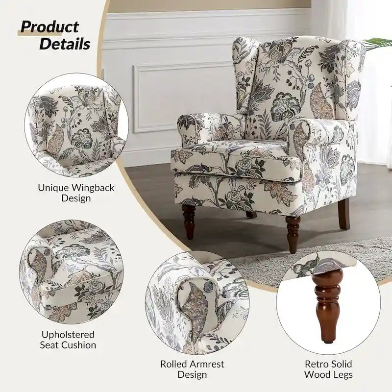 Fauteuil à oreilles traditionnel en tissu avec pieds tournés