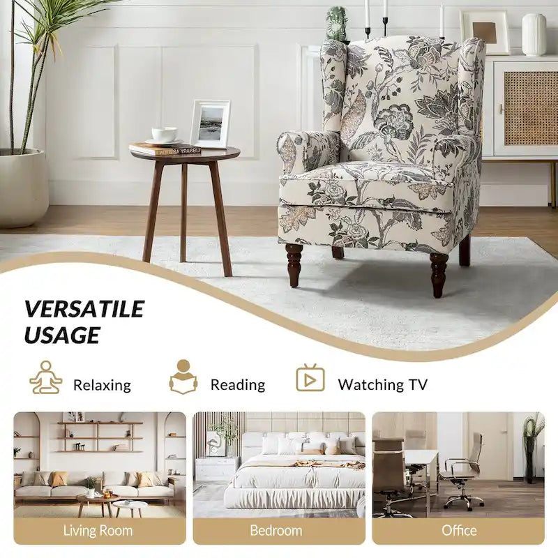 Fauteuil à oreilles traditionnel en tissu avec pieds tournés