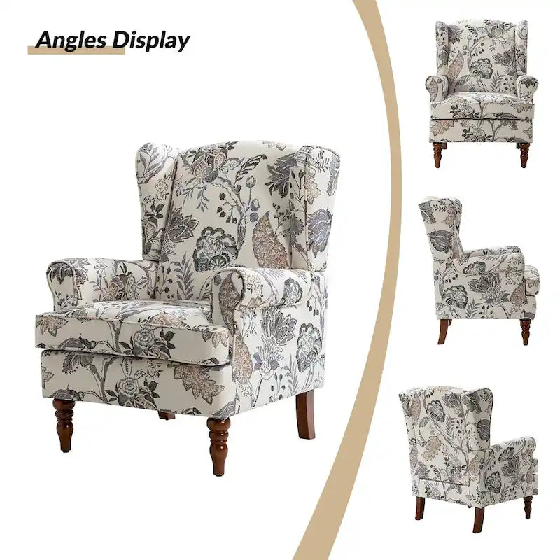 Fauteuil à oreilles traditionnel en tissu avec pieds tournés
