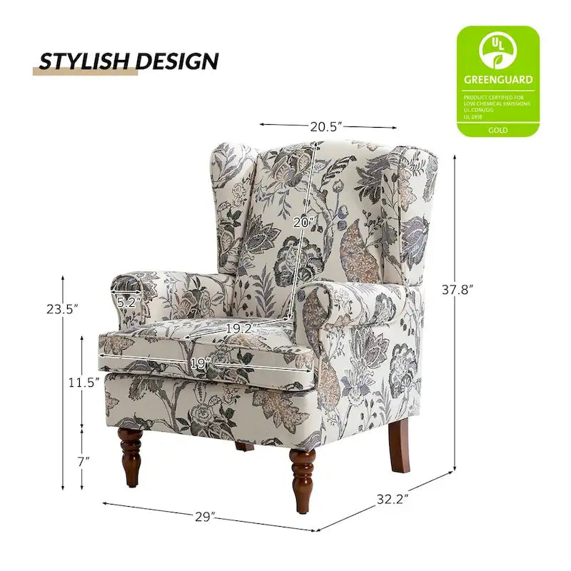 Fauteuil à oreilles traditionnel en tissu avec pieds tournés