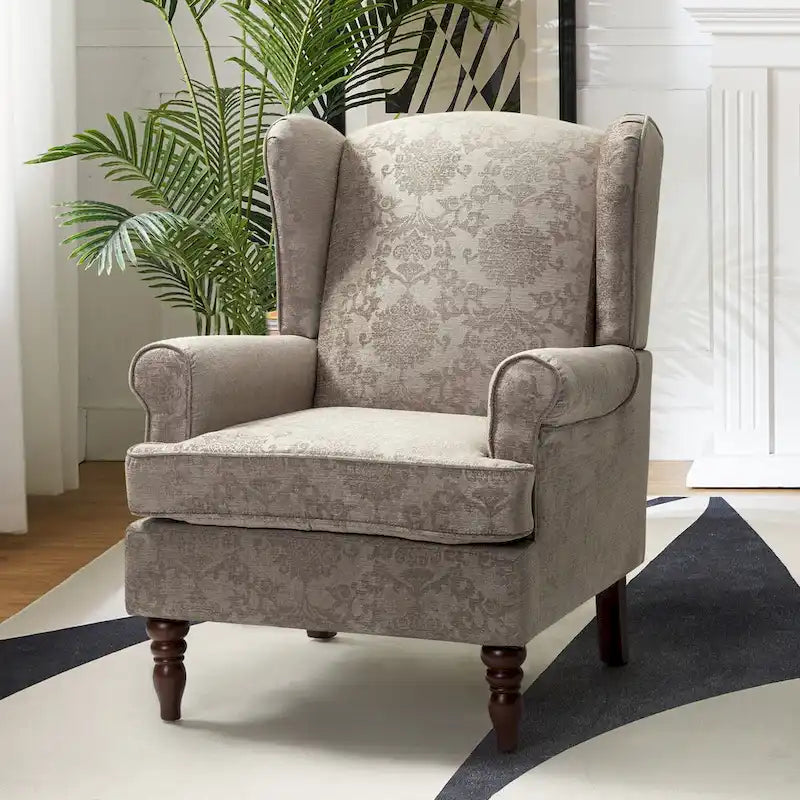 Fauteuil à oreilles traditionnel en tissu avec pieds tournés