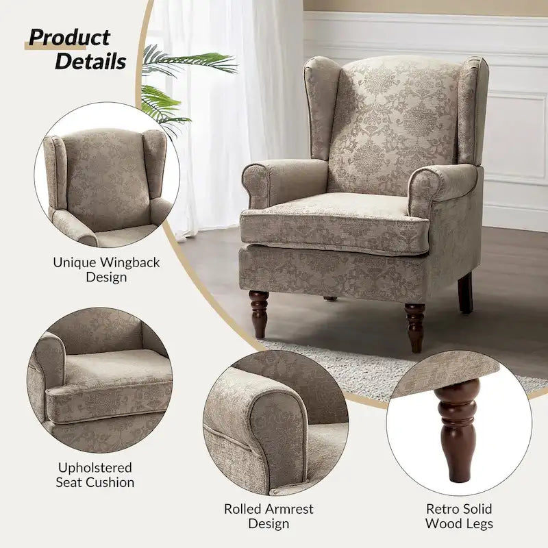 Fauteuil à oreilles traditionnel en tissu avec pieds tournés