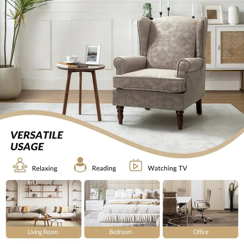 Fauteuil à oreilles traditionnel en tissu avec pieds tournés