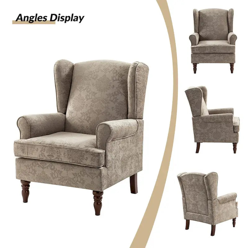 Fauteuil à oreilles traditionnel en tissu avec pieds tournés
