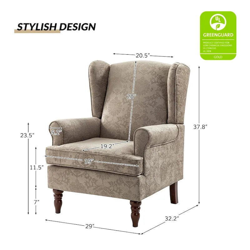 Fauteuil à oreilles traditionnel en tissu avec pieds tournés