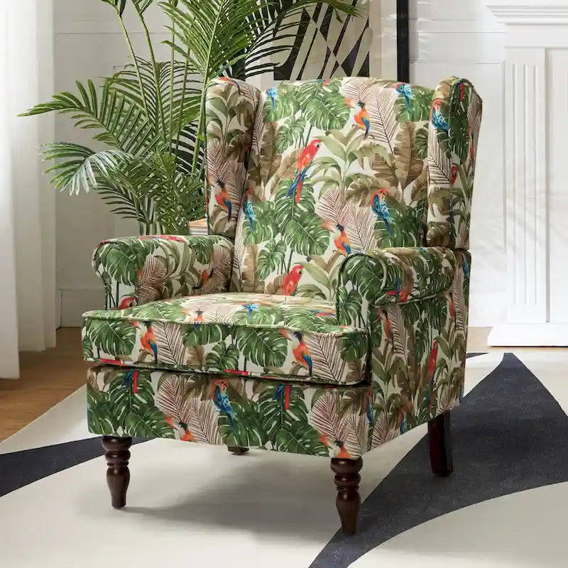 Fauteuil à oreilles traditionnel en tissu avec pieds tournés