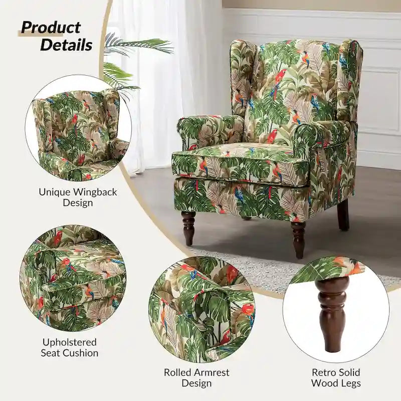 Fauteuil à oreilles traditionnel en tissu avec pieds tournés
