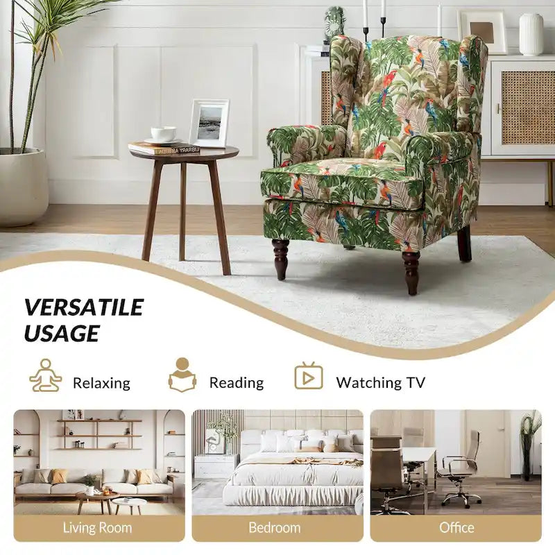 Fauteuil à oreilles traditionnel en tissu avec pieds tournés