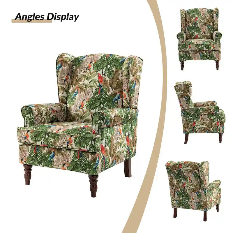 Fauteuil à oreilles traditionnel en tissu avec pieds tournés