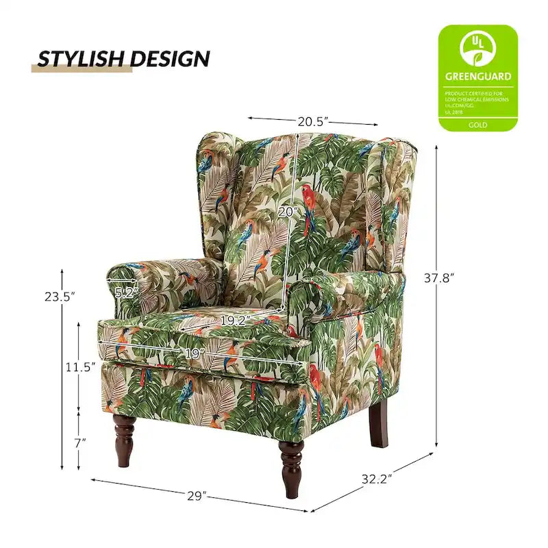 Fauteuil à oreilles traditionnel en tissu avec pieds tournés