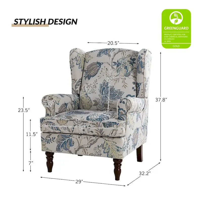Fauteuil à oreilles traditionnel en tissu avec pieds tournés
