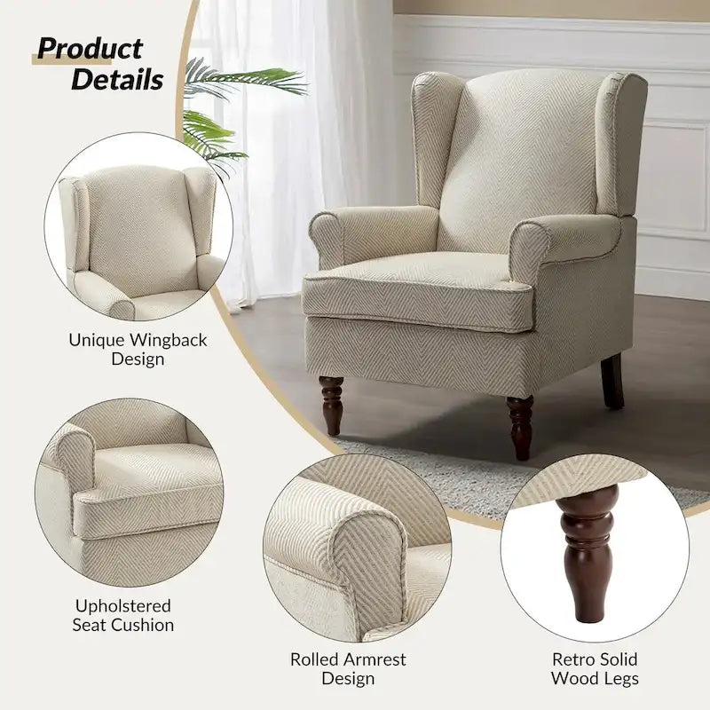 Fauteuil à oreilles traditionnel en tissu avec pieds tournés