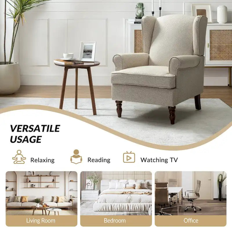 Fauteuil à oreilles traditionnel en tissu avec pieds tournés
