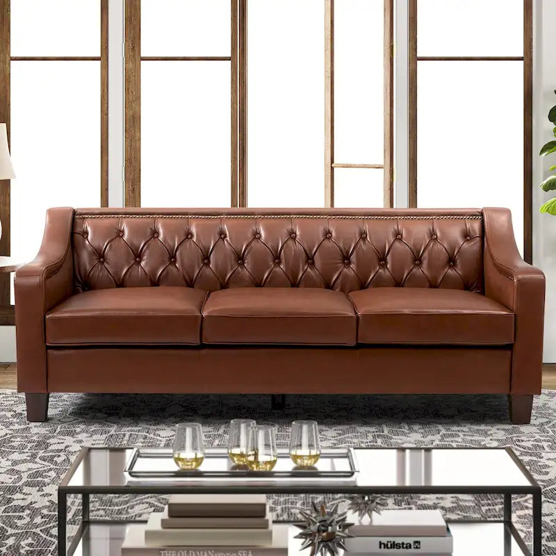 Canapé large de style transitionnel en cuir véritable de 209 cm avec garniture cloutée et dossier capitonné