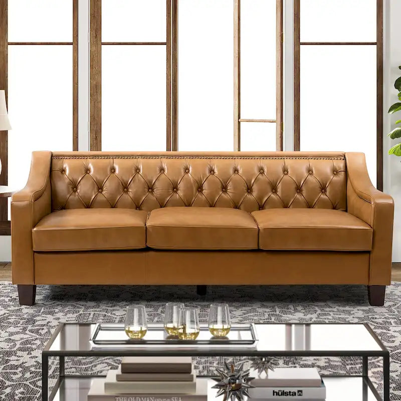 Canapé large de style transitionnel en cuir véritable de 209 cm avec garniture cloutée et dossier capitonné