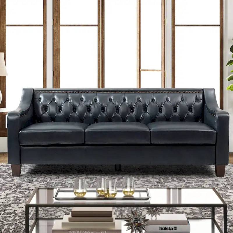 Canapé large de style transitionnel en cuir véritable de 209 cm avec garniture cloutée et dossier capitonné