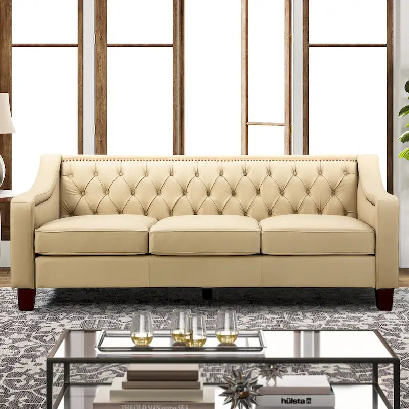 Canapé large de style transitionnel en cuir véritable de 209 cm avec garniture cloutée et dossier capitonné