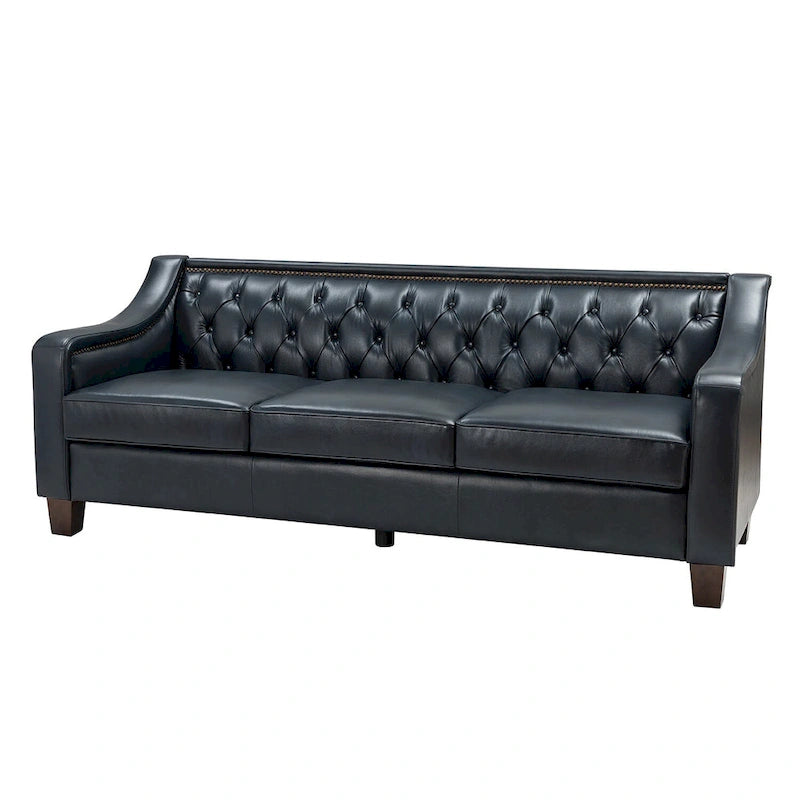 Canapé large de style transitionnel en cuir véritable de 209 cm avec garniture cloutée et dossier capitonné