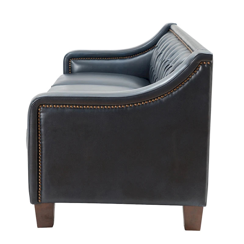 Canapé large de style transitionnel en cuir véritable de 209 cm avec garniture cloutée et dossier capitonné