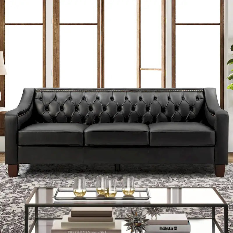 Canapé large de style transitionnel en cuir véritable de 209 cm avec garniture cloutée et dossier capitonné