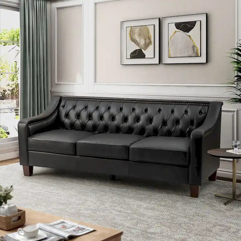 Canapé large de style transitionnel en cuir véritable de 209 cm avec garniture cloutée et dossier capitonné