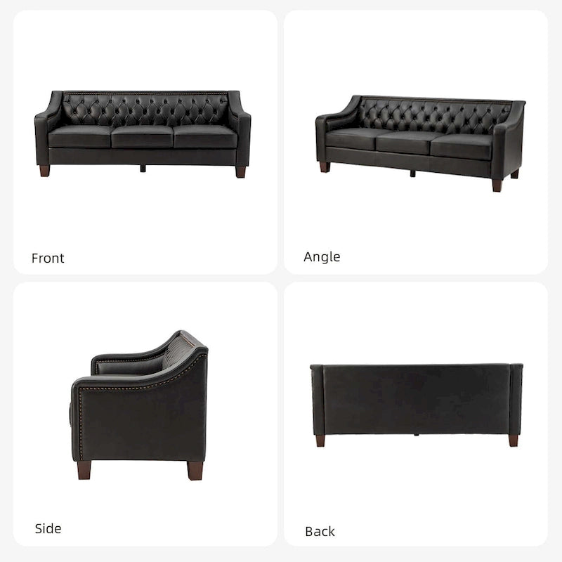 Canapé large de style transitionnel en cuir véritable de 209 cm avec garniture cloutée et dossier capitonné