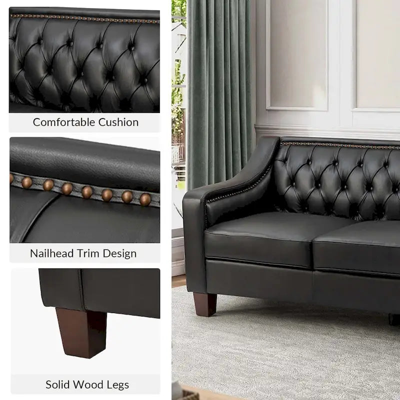 Canapé large de style transitionnel en cuir véritable de 209 cm avec garniture cloutée et dossier capitonné
