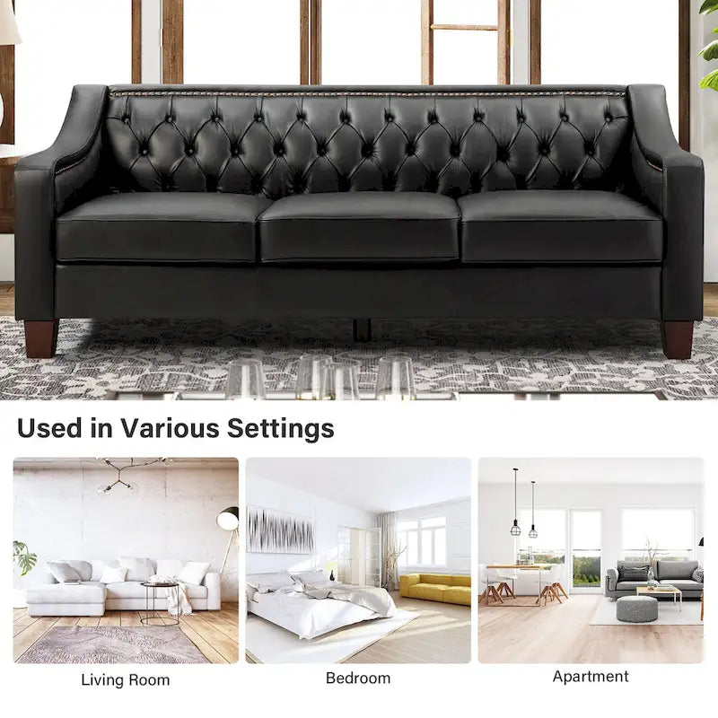 Canapé large de style transitionnel en cuir véritable de 209 cm avec garniture cloutée et dossier capitonné