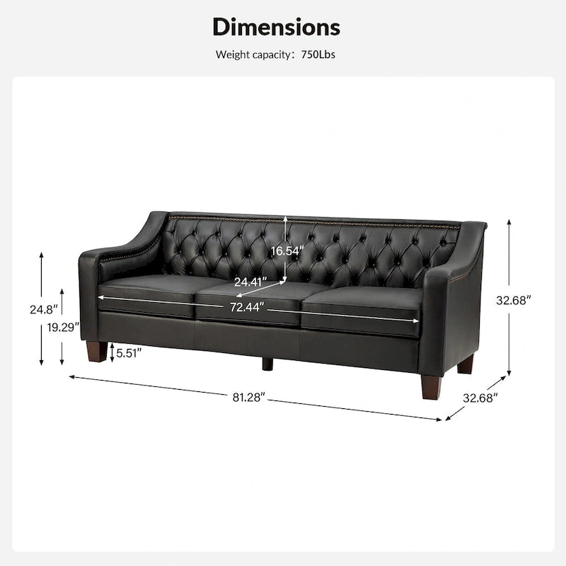 Canapé large de style transitionnel en cuir véritable de 209 cm avec garniture cloutée et dossier capitonné