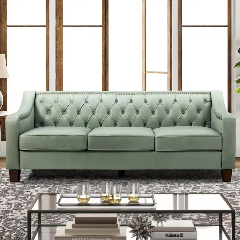 Canapé large de style transitionnel en cuir véritable de 209 cm avec garniture cloutée et dossier capitonné