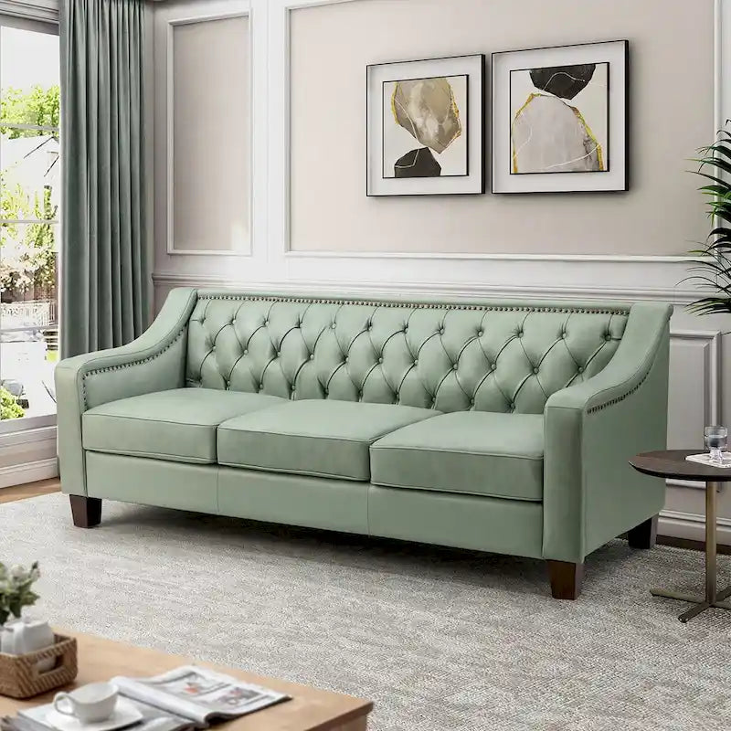 Canapé large de style transitionnel en cuir véritable de 209 cm avec garniture cloutée et dossier capitonné