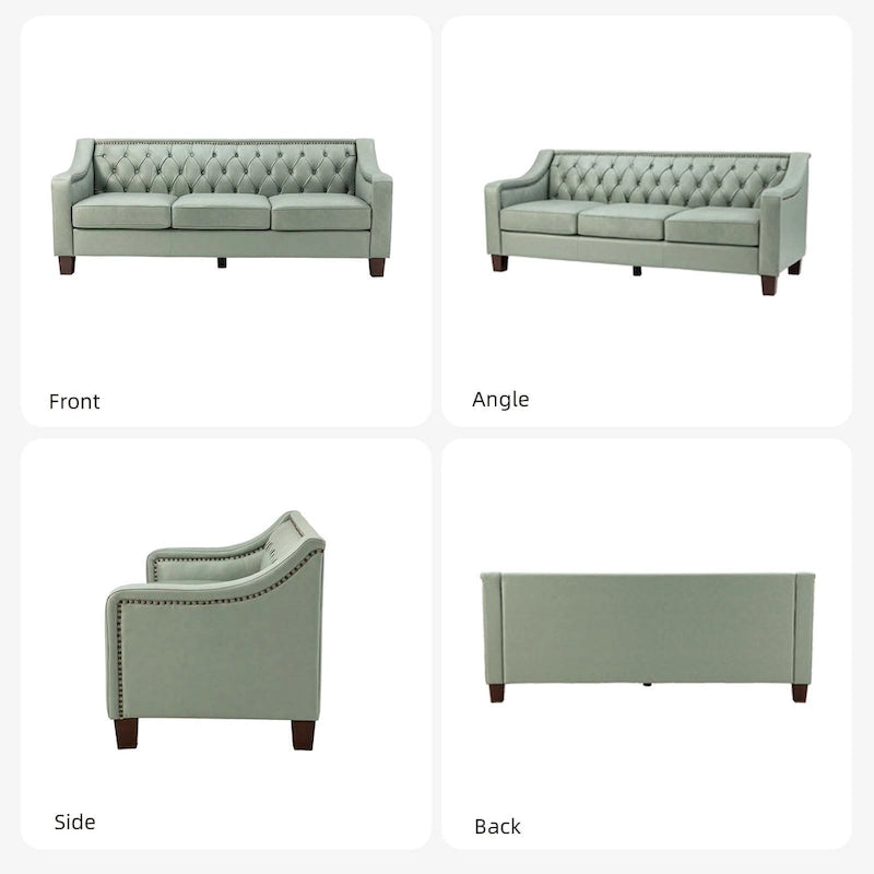 Canapé large de style transitionnel en cuir véritable de 209 cm avec garniture cloutée et dossier capitonné